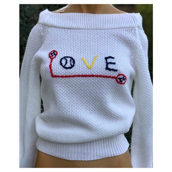 Vintage Tennis Sweater Womens Small Spell Out Embroidered White Rare Unique - Picture 1 of 7